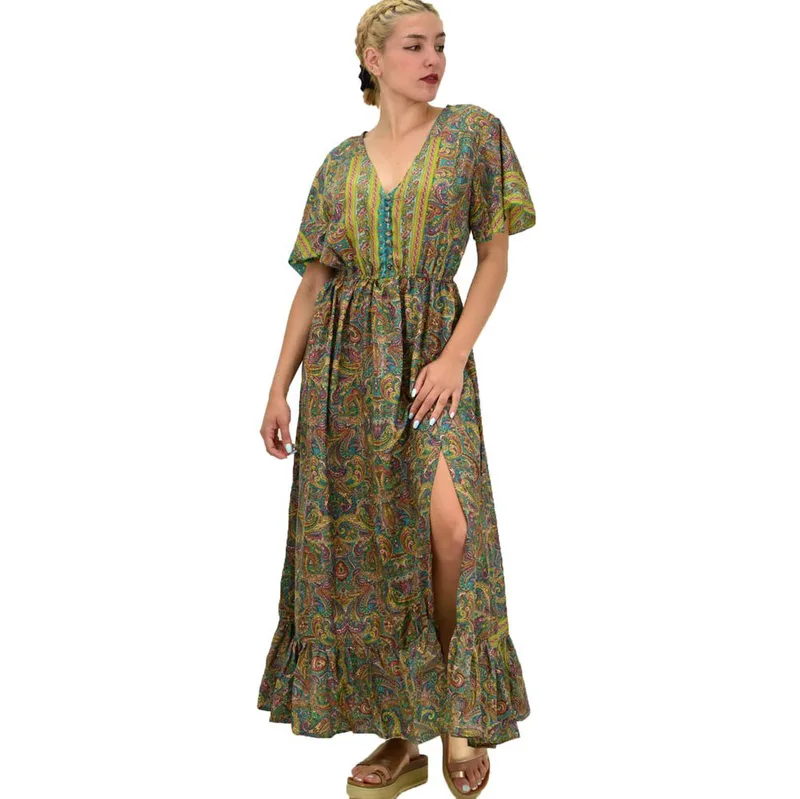 Γυναικείο μεταξωτό boho φόρεμα με κουμπιά χωρίς ζώνη Πράσινο 20986