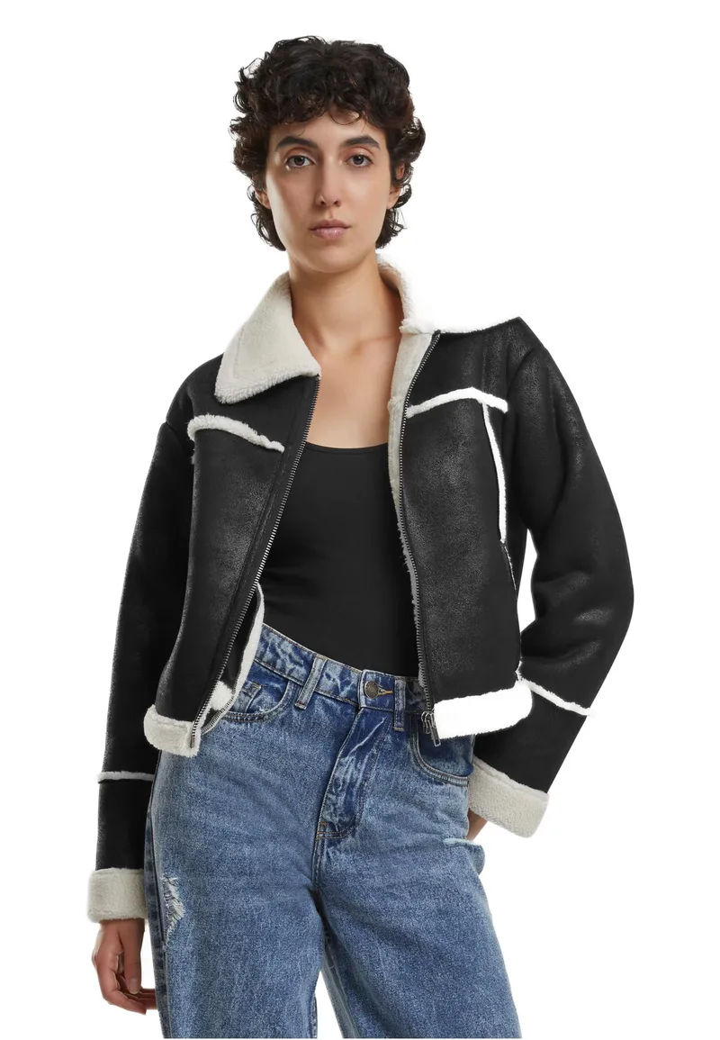 Ladies Shearling Jacket Urban Classics TB7076-03275 Black/Whitesand