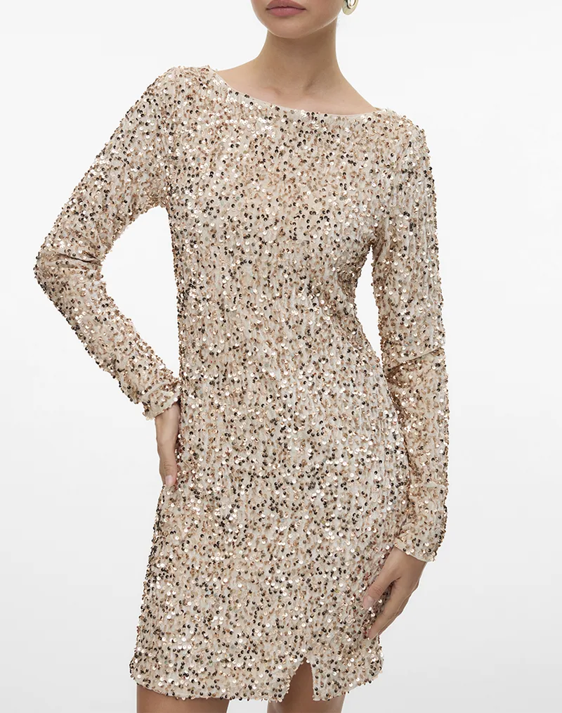 VERO MODA VMBELLA LS SHORT SQ DRESS JRS GA 10335717-Pumice StoneChampagnesequins SandyBrown