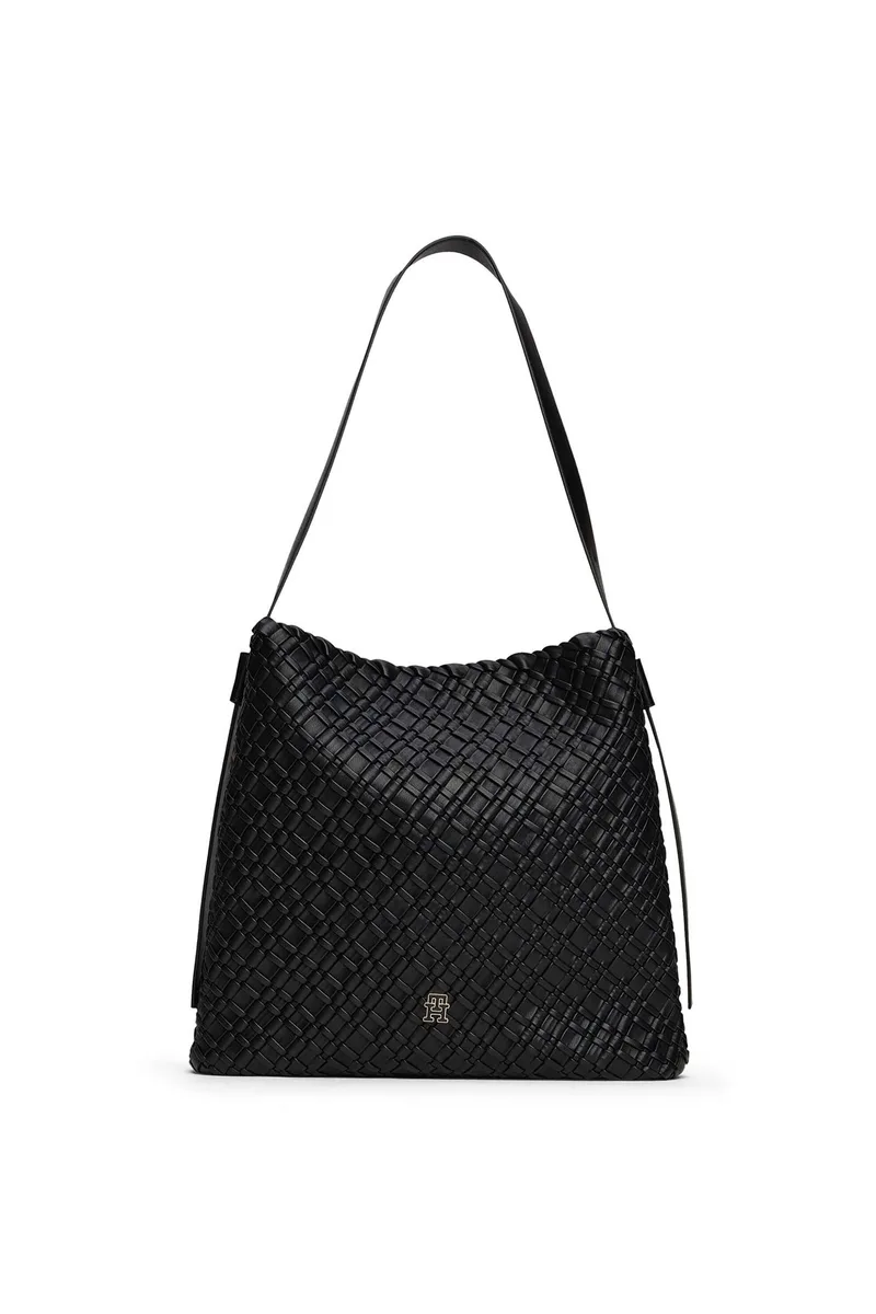 Tommy Hilfiger γυναικεία τσάντα ώμου hobo με μεταλλικό monogram "TH Braided" - AW0AW18161 Μαύρο