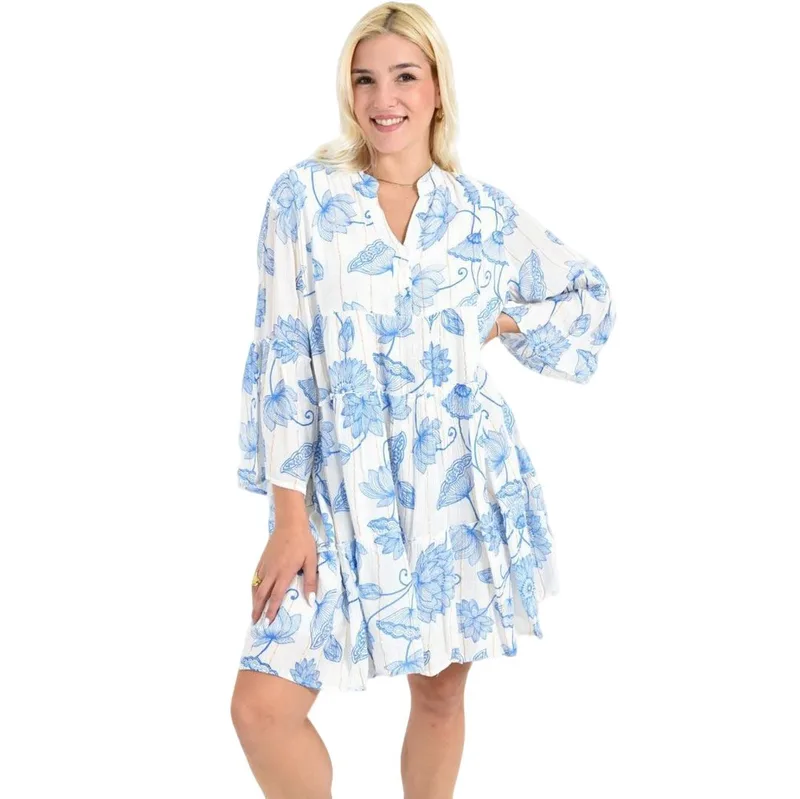 Κοντό Φόρεμα με Floral Print & Φαρδιά Μανίκια Μπλε 26690