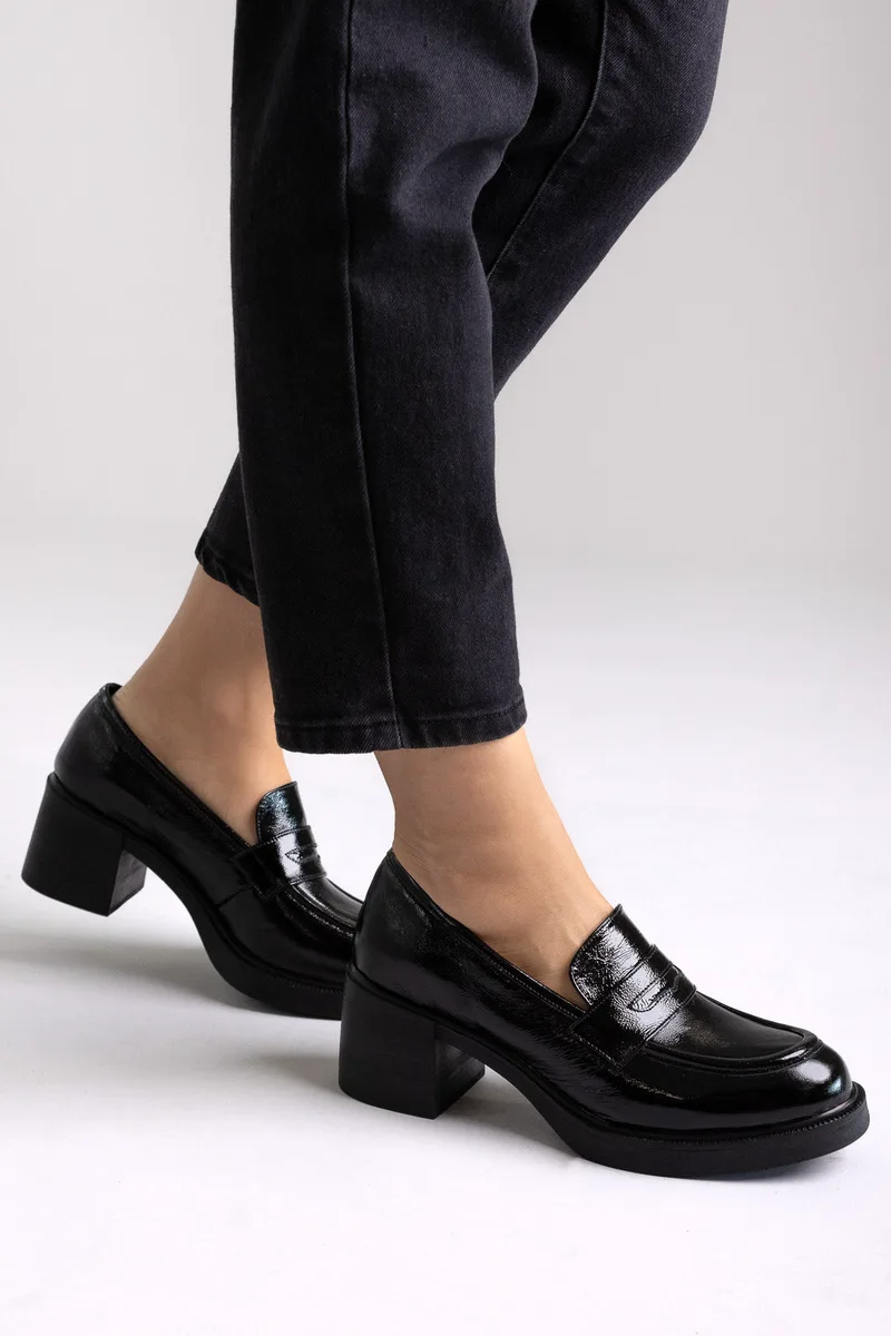 TFP Patent Leather Loafers Block Heel - 8071 - Black Patent