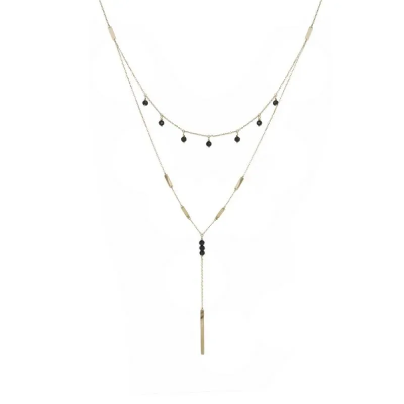 Διπλό χρυσό κολιέ γραβάτα με πέτρες Black Spinel Κ9 041497 041497 Χρυσός 9 Καράτια