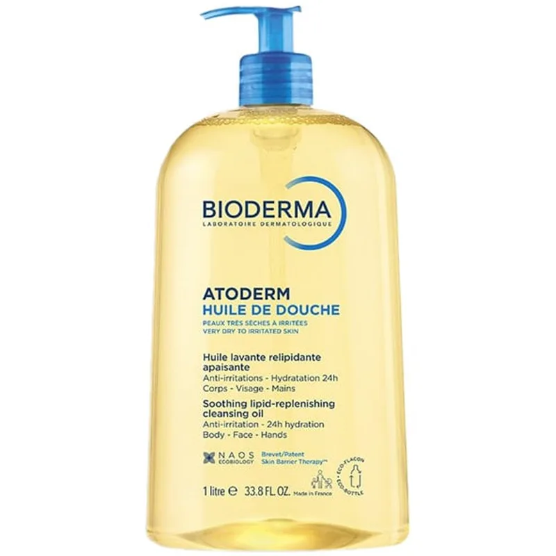 Bioderma Atoderm Huile De Douche Soothing Lipid Replenishing Body, Face & Hands Cleansing Oil Ελαιώδες Αφρόλουτρο για Σώμα, Πρόσωπο & Χέρια για Ξηρή, Πολύ Ξηρή & Ερεθισμένη Επιδερμίδα με Αντλία 1Lt