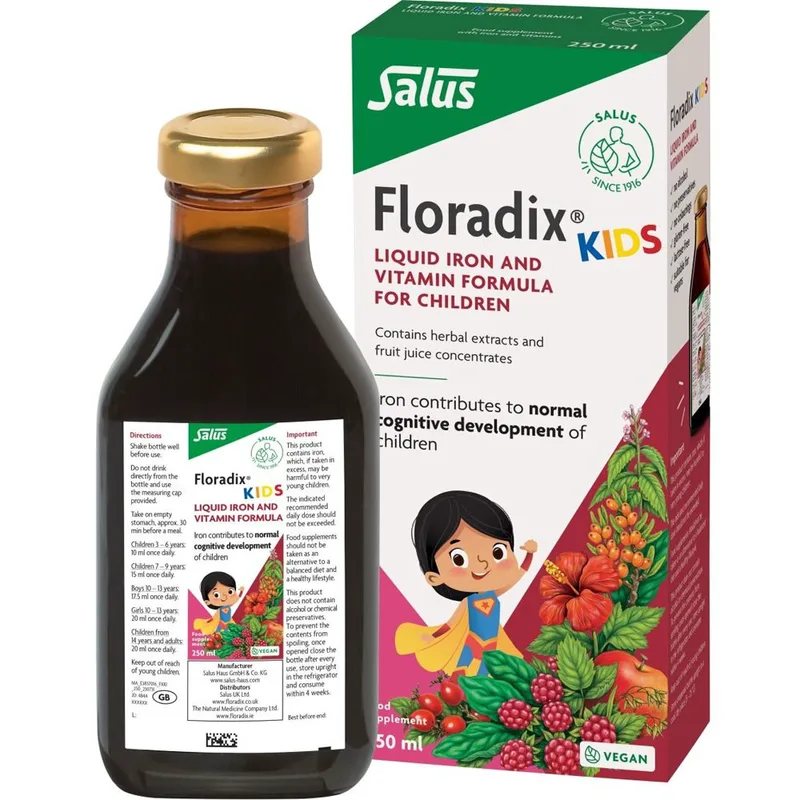 Floradix Kids Liquid Iron & Vitamin Formula Συμπλήρωμα Διατροφής Σιδήρου & Βιταμινών για Φυσική Τόνωση, Ενέργεια & Φυσιολογική Γνωστική Ανάπτυξη για Παιδιά από 3 Ετών με Ευχάριστη Γεύση 250ml