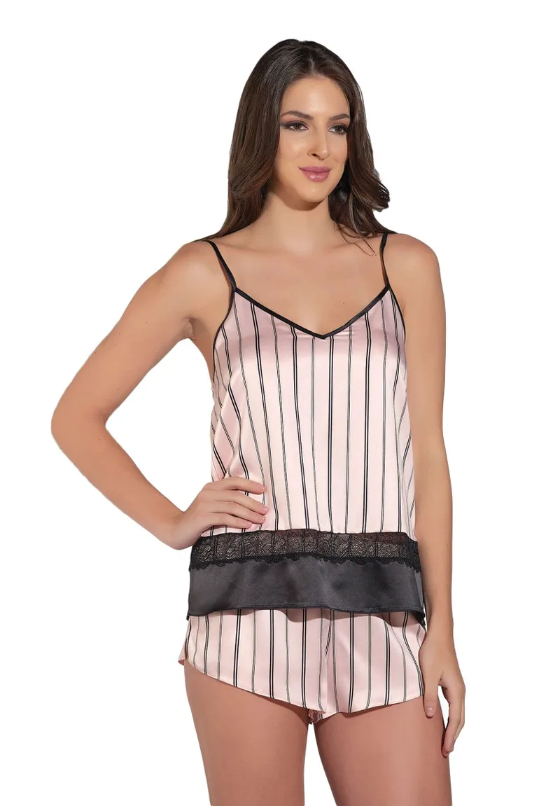 Πιτζάμα γυναικεία με σορτσάκι σατέν Ροζ Stripes 12742