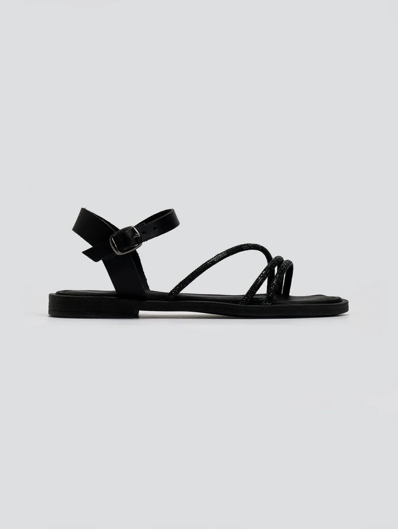 Estil Rhinestone Ankle Strap Sandals - 2029 - Black
