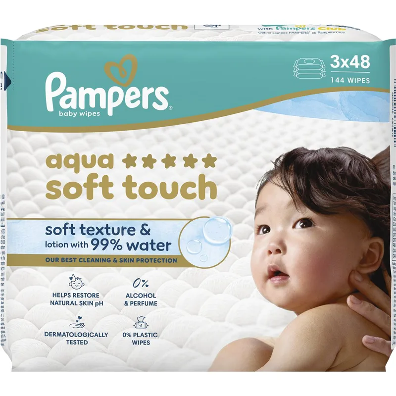 Pampers Aqua Soft Touch Baby Wipes Απαλά Μωρομάντηλα με Ανάγλυφη Υφή για Αποτελεσματικό Καθαρισμό & Προστασία της Ευαίσθητης Επιδερμίδας με Καπάκι 144 Τεμάχια (3x48 Τεμάχια)