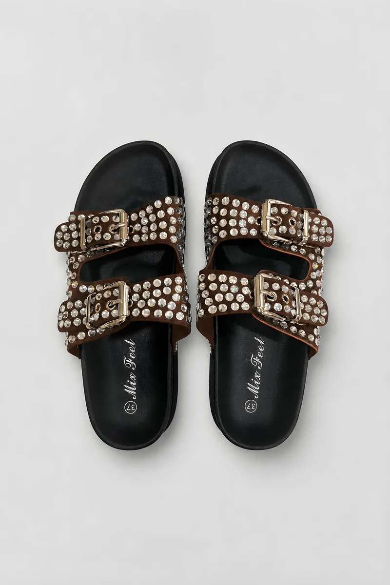 Flatform Slides Με Στρας & Διπλές Αγγράφες