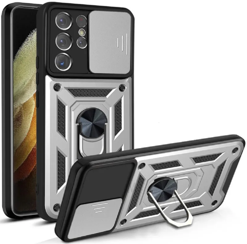 Bodycell Armor Slide - Ανθεκτική Θήκη Samsung Galaxy S22 Ultra 5G με Κάλυμμα για την Κάμερα & Μεταλλικό Ring Holder - Silver (5206015014581)
