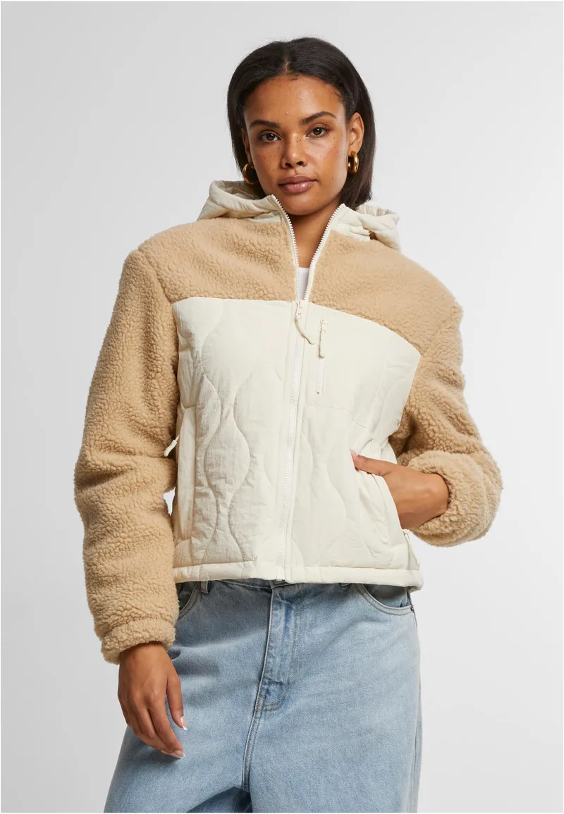 Ladies Sherpa Crinkle Nylon Mix Jacket Urban Classics TB7071-04442 Unionbeige/Whitesand