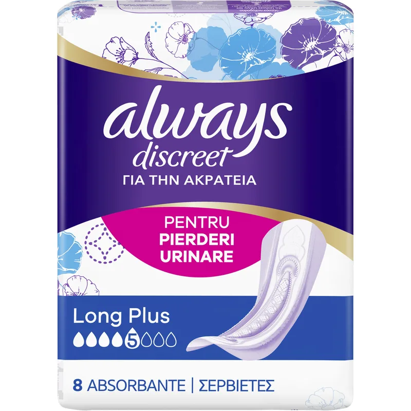 Always Discreet Long Plus for Sensitive Bladder Σερβιέτες Πολύ Μεγάλου Μεγέθους για την Ακράτεια 8 Τεμάχια