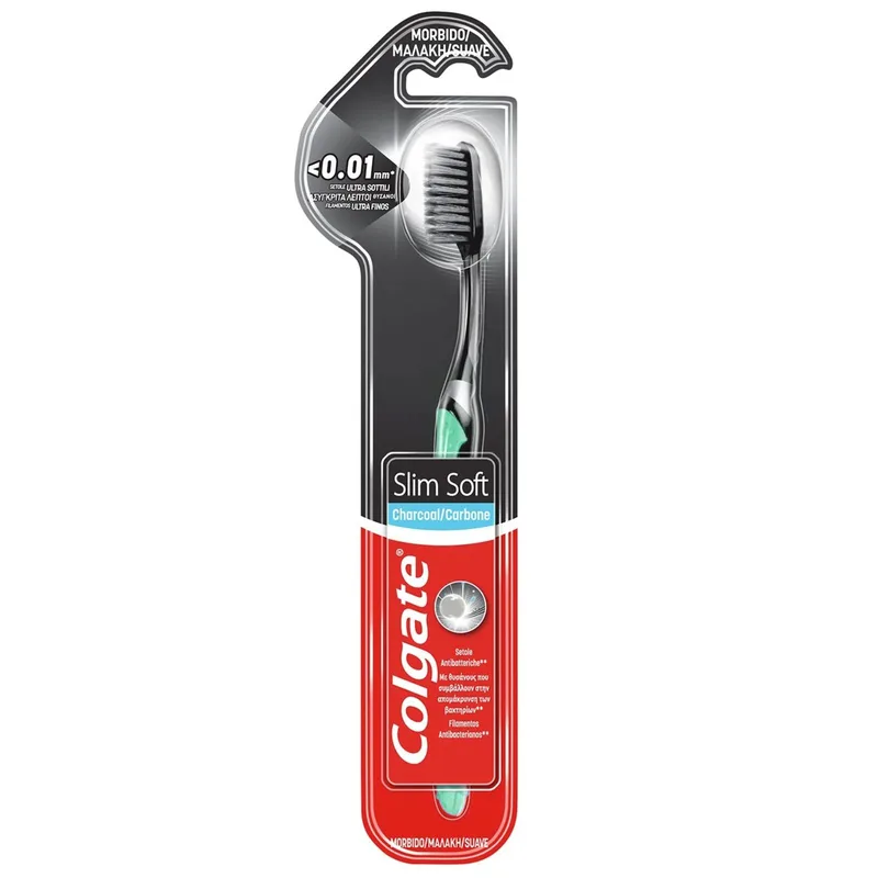 Colgate Charcoal Slim Soft Toothbrush Οδοντόβουρτσα με Εξαιρετικά Λεπτές - Απαλές Ίνες Καθαρισμού, Εμποτισμένες με Ξυλάνθρακα 1 Τεμάχιο - Τιρκουάζ