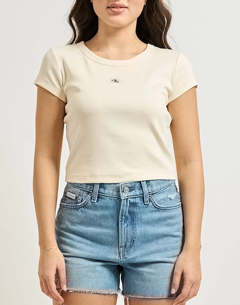 CALVIN KLEIN JEANS A- WOVEN LABEL 2X2 RIB BABY TEE LV047C200G-F7J Ivory