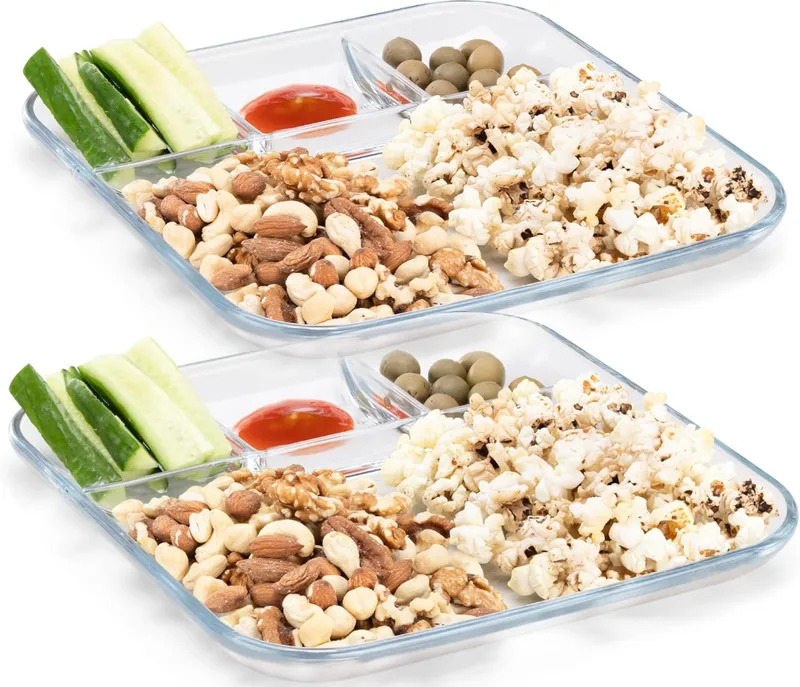 Navaris Set with 2 Glass Plates with Dividers - Σετ με 2 Γυάλινα Πιάτα Σερβιρίσματος με Διαχωριστικά / Ορντερβιέρες - 4 Θέσεων - 25.4 x 25.4 x 2.8 cm - Clear (55919.01)
