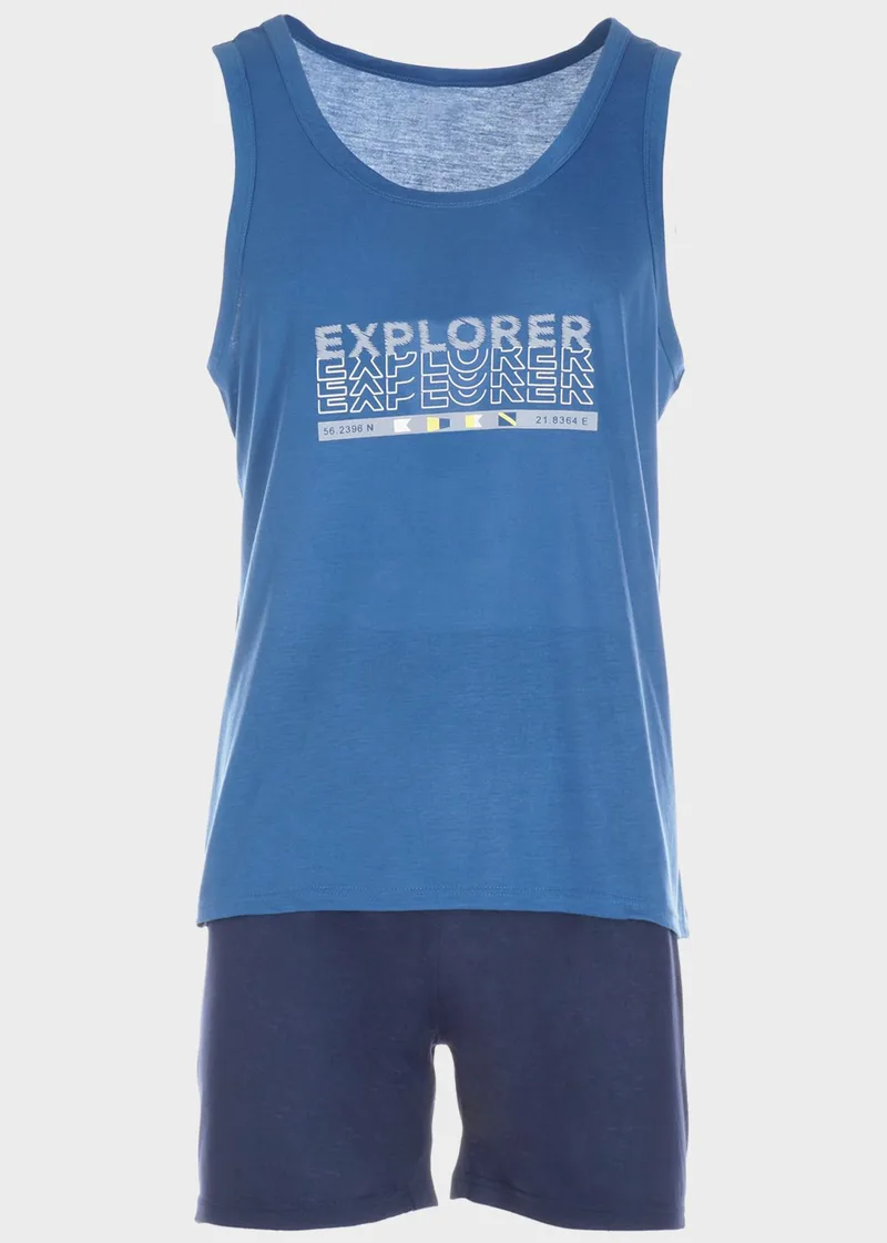 Ανδρική πιτζάμα με logo EXPLORER και σόρτς με λάστιχο ΜΠΛΕ