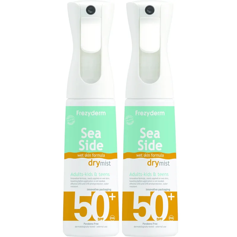 Σετ Frezyderm Sea Side Dry Mist Family Spray Spf50+, 2x300ml,Αντηλιακό Mist Πολύ Υψηλής Προστασίας για Όλη την Οικογένεια