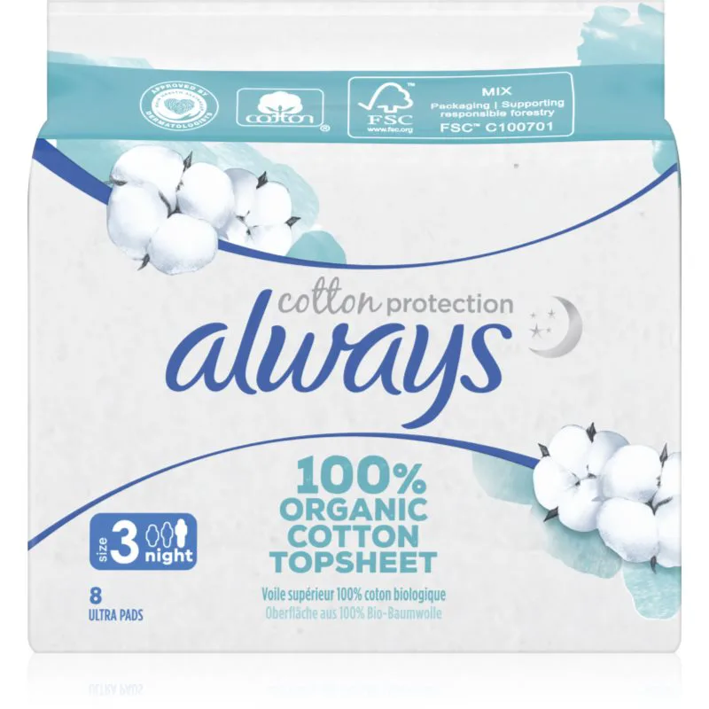 Always Cotton Protection Night σερβιέτες χωρίς άρωμα 8 τμχ
