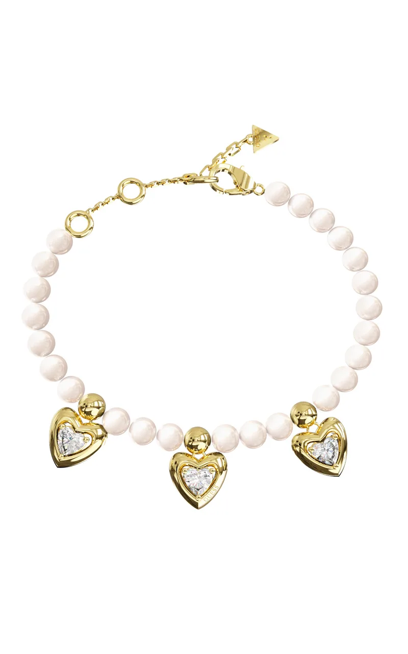 GUESS STEEL BELOVED JUBB06001JWYGL Βραχιόλι Χρυσό Με Πέρλες Και Κρεμαστές Καρδιές