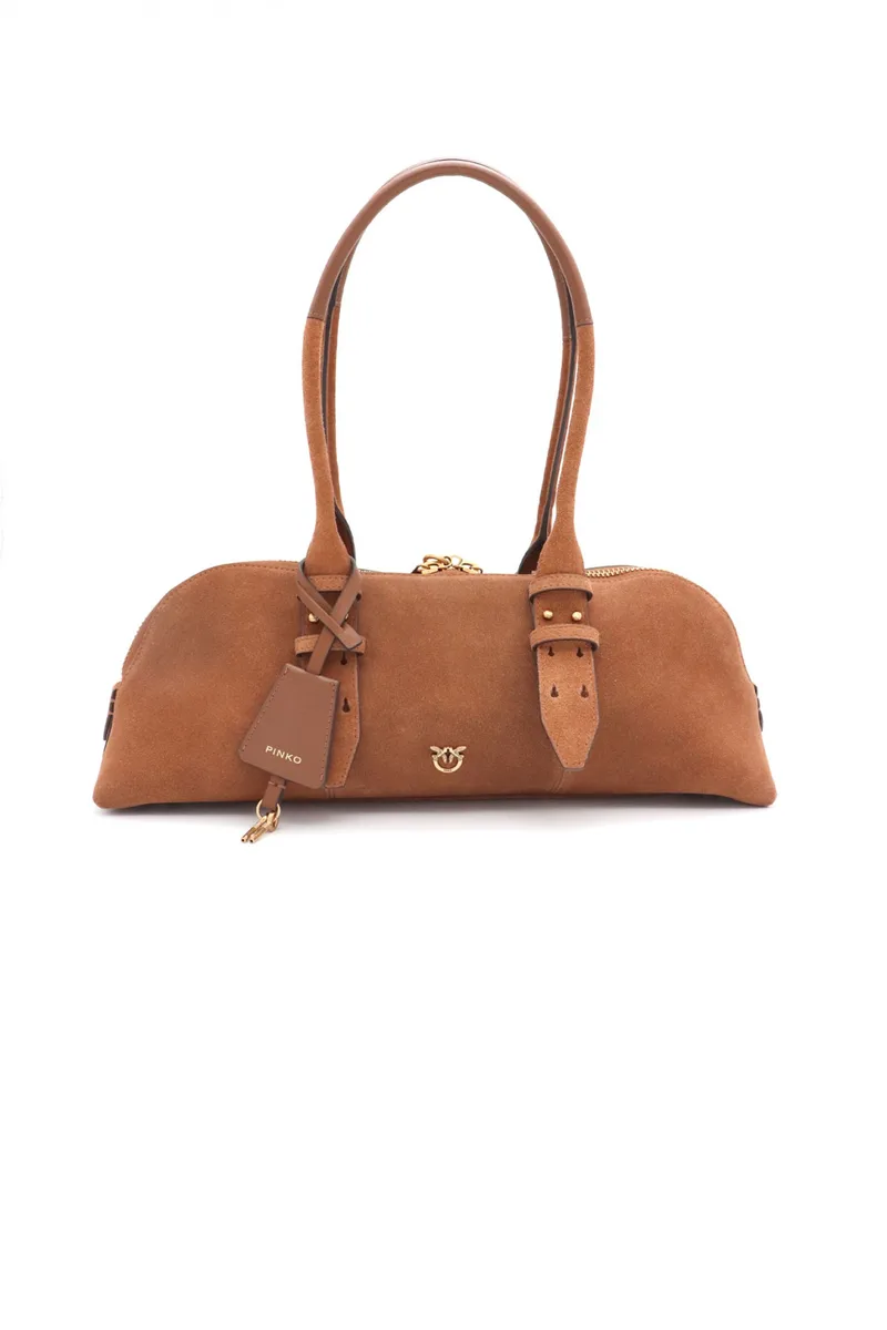 PINKO ΤΣΑΝΤΑ BOWLING BAGUETTE BIG SUEDE + VITELLO SETA ΚΑΦΕ