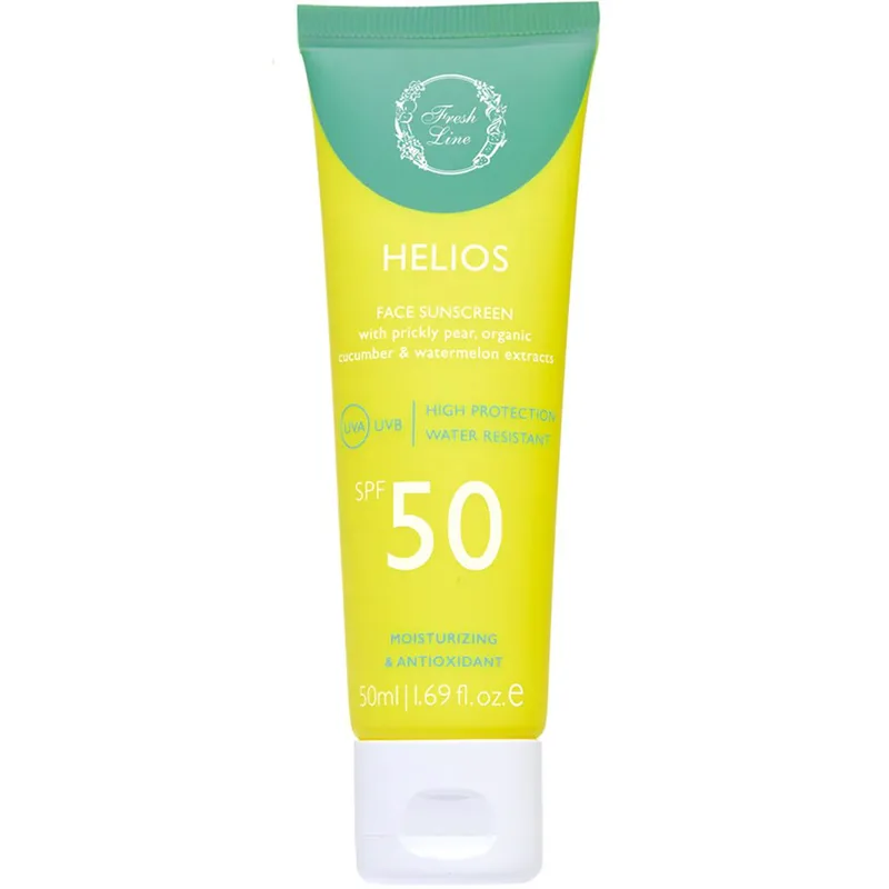 Fresh Line Helios Face Spf50 Sunscreen Cream Αντηλιακή Κρέμα Προσώπου Χωρίς Χρώμα Υψηλής Προστασίας με Εκχυλίσματα από Φραγκόσυκο, Βιολογικό Αγγούρι & Καρπούζι 50ml