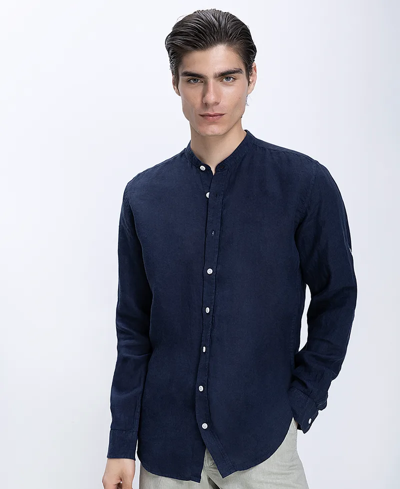 Ανδρικό Πουκάμισο Λινό Με Mao Γιακά Modern Fit