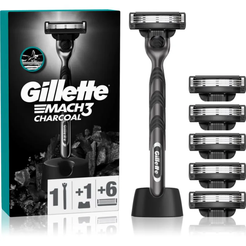 Gillette Mach3 Charcoal ξυριστική μηχανή με βάση + ανταλλακτικές λεπίδες 6 τμχ