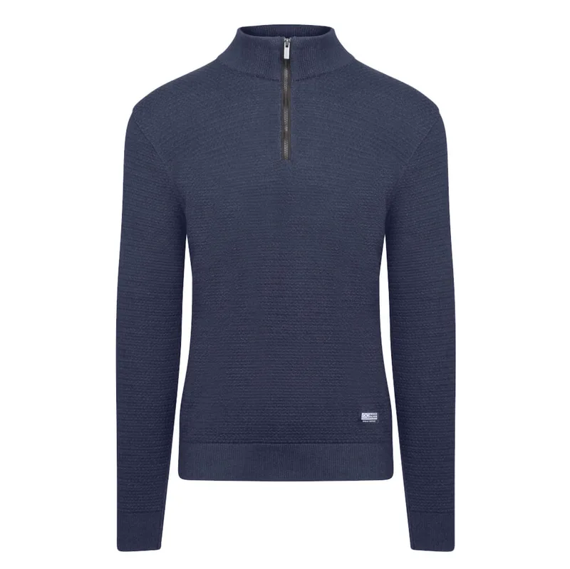 Zip-Neck Πλεκτή Μπλούζα in Cotton Μπλε Σκούρο (Modern Fit) New Arrival