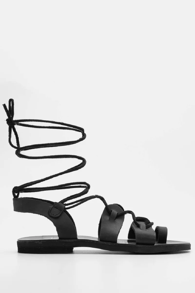 LUIGI DESIGN - Δερμάτινα Flat Σανδάλια Lace Up - Μαύρο