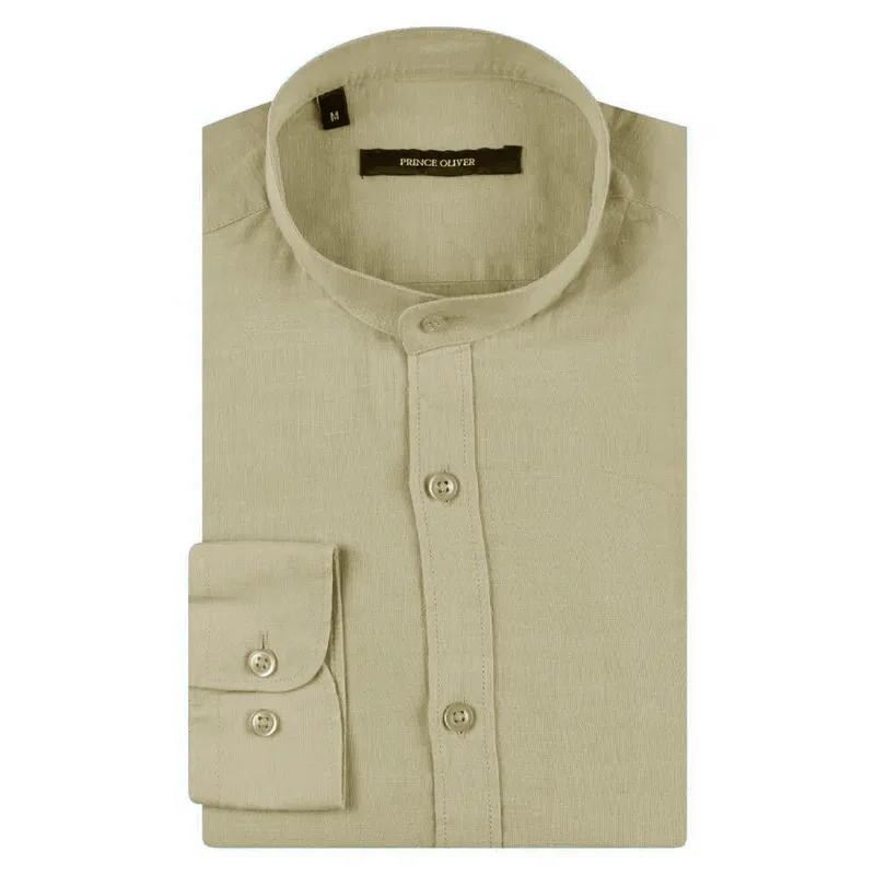 Prince Oliver Πουκάμισο Λινό Μπεζ Με Mao Γιακά (Modern Fit)